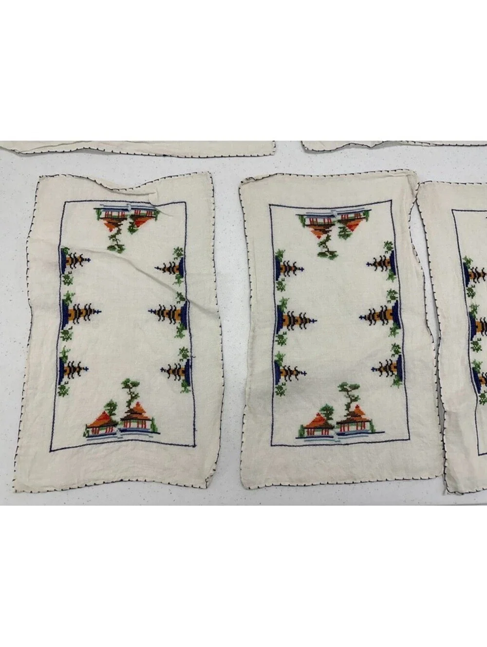 Vintage Asian Pagoda Garden Embroidered Cross Stitch Table Setting Runner Place